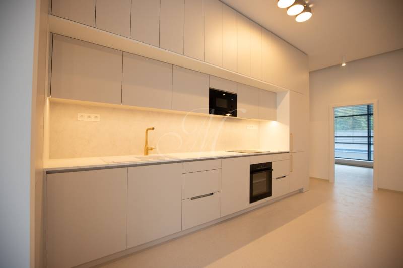 A kitchen in a 4-room apartment with white cabinets, a gold faucet, and built-in appliances.