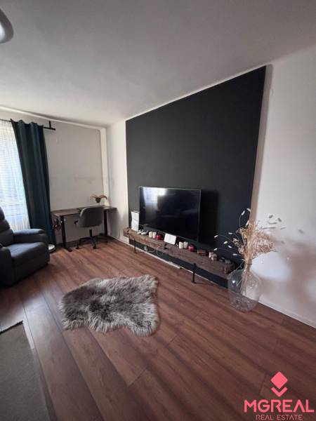 Living room with wood-patterned flooring in a 2-room apartment and a stylish black wall.