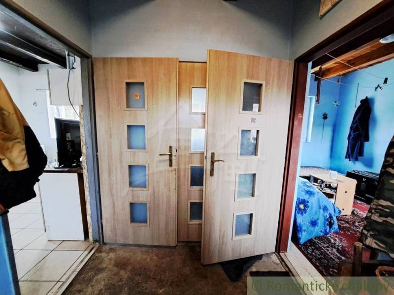 Interior of a family house with double doors and laminate flooring.