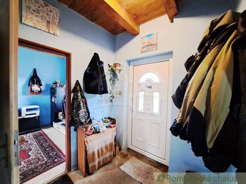 Entrance hall in a family house with hanging coats and a room with carpets and greenery.