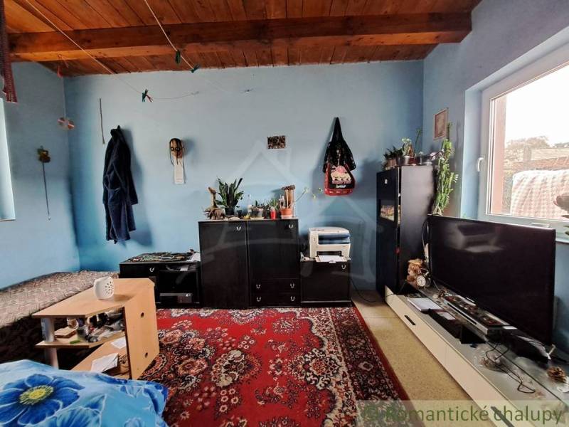A room in a family house with blue walls, carpet, and a wooden ceiling.