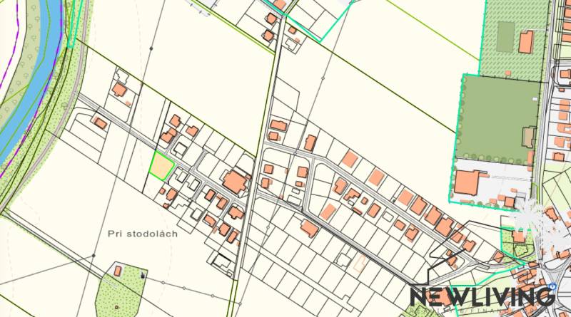 Map of residential plots near Školská Street in Sokolovce, showing the river flow.