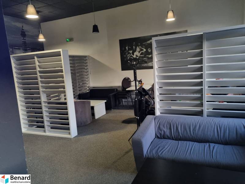 Interior of commercial space with a sofa, table, and shelves.