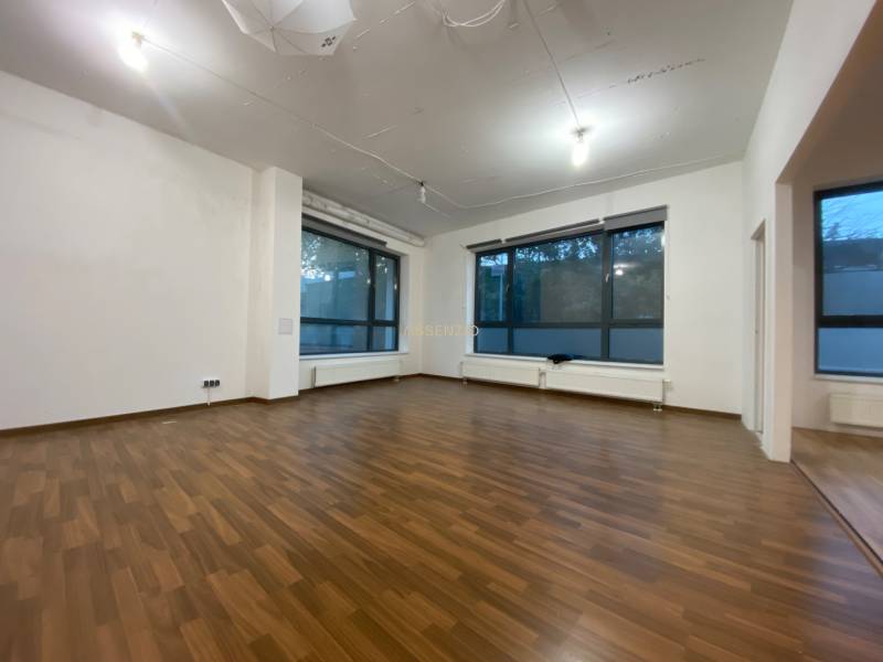 Spacious commercial spaces with large windows and wood-patterned flooring.