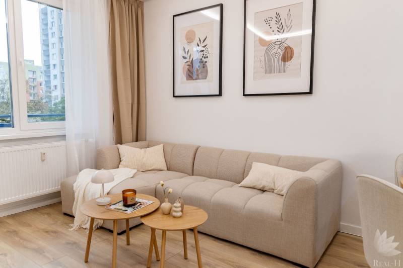 Living room in a 4-room apartment with a beige sofa and wooden floor decor.