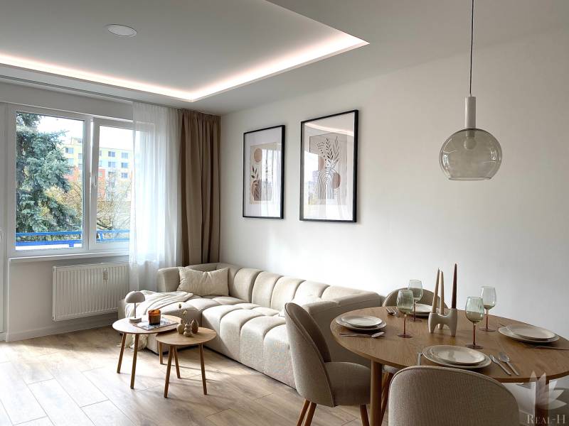 Living room of a 4-room apartment with a sofa, dining table, and wooden-patterned flooring.
