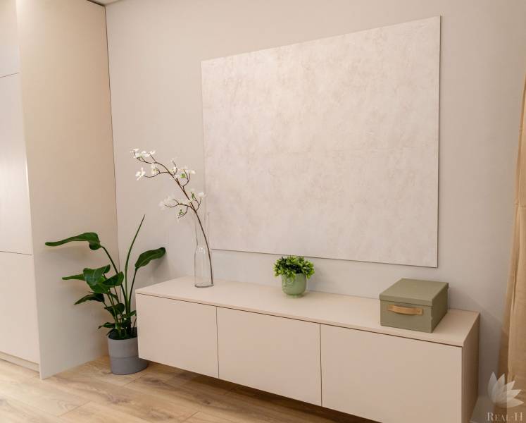 A minimalist hallway in a 4-room apartment with furniture and plants on a floor with a wooden decor.