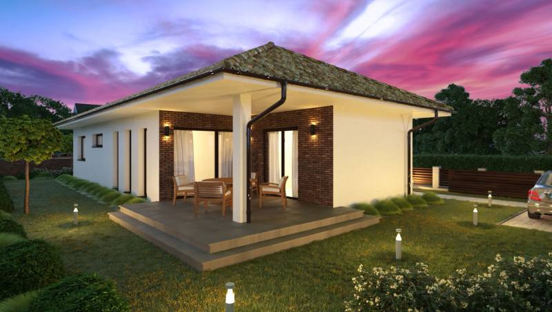 Family house in Gabčíkovo with a terrace, garden lighting, and wooden decor.