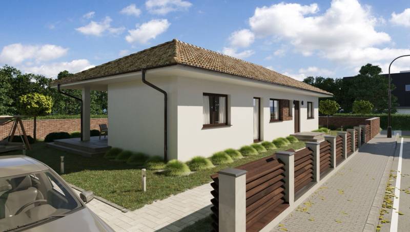 A family house in Gabčíkovo with a terrace and a driveway, surrounded by a garden.