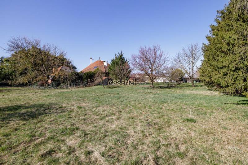 A grassy plot for living in Kútniky surrounded by trees and a house on the horizon.