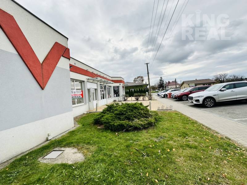 Commercial premises at Štefánikova 267 in Palárikovo with parking and landscaped greenery.