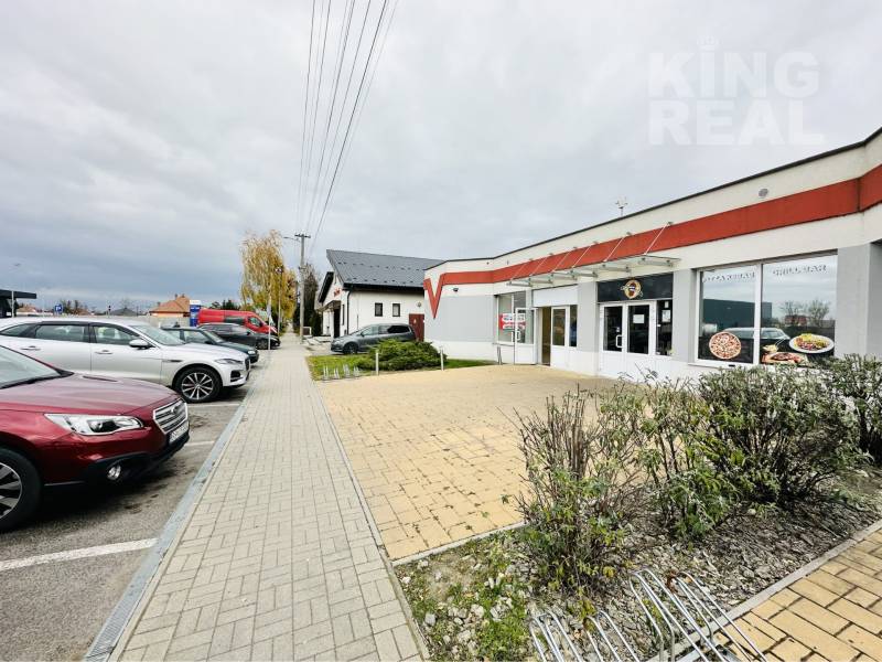 Parking lot and commercial spaces on Štefánikova 267 in Palárikovo with cars and greenery.
