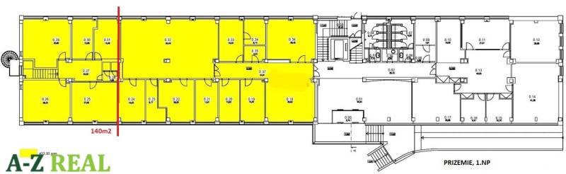 Floor plan of offices with a marked space of 140 m² for rent.