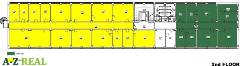 Floor plan of offices on the second floor with labels for different rooms and their sizes.