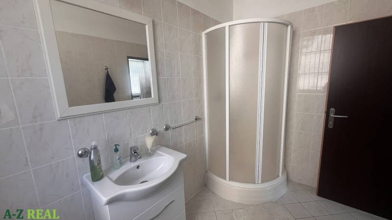 A bathroom in the office with a shower, a sink, and a large mirror on the wall.