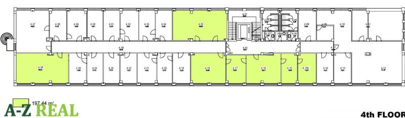 Floor plan of offices on the fourth floor with various room sizes.