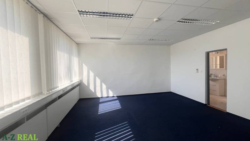 Offices with a light carpet and white blinds, entrance to the area with a sink.