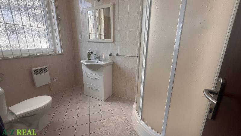 A bathroom with a shower, toilet, and sink in an office.