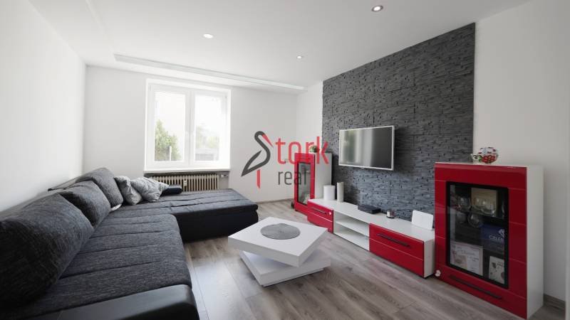 Living room in a two-room apartment with a dark gray sofa, television, and wooden decor flooring.