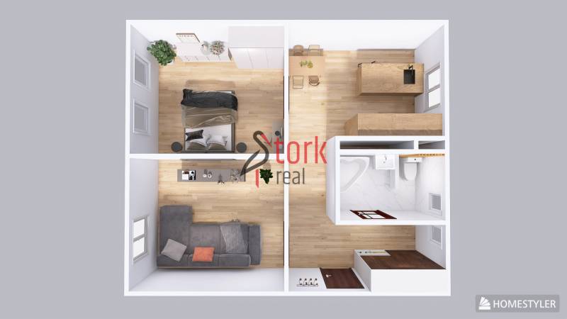 Floor plan of a 2-room apartment with wood-patterned flooring and furnished furniture.