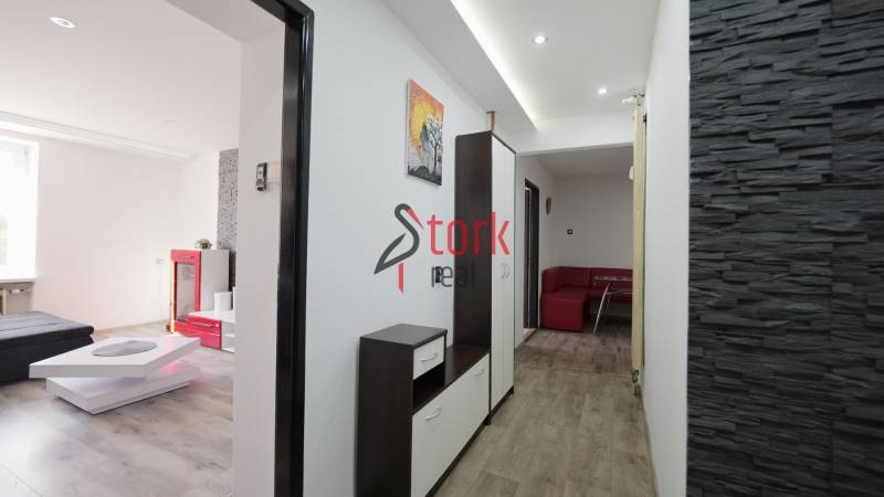 Interior of a 2-room apartment with a wooden decor floor, sofa, and modern furniture.