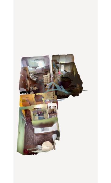 3D floor plan of a 2-room apartment with furniture and wooden decor flooring.