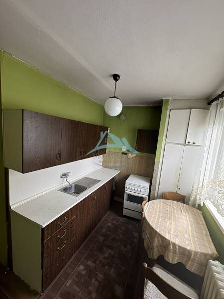 The kitchen of a two-room apartment with a wood-patterned floor, green walls, and a white stove.