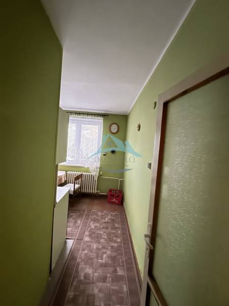 A hallway with green walls, a floor with wooden decor, furniture in a 2-room apartment.