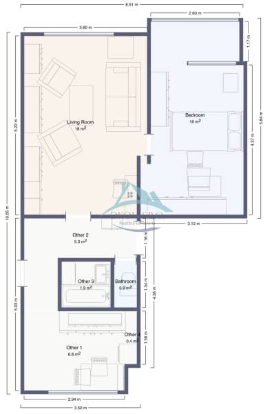 Floor plan of a 2-room apartment with a living room, bedroom, and bathroom.