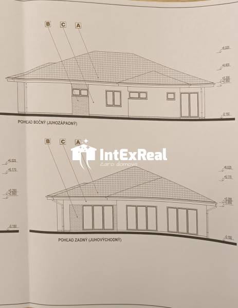 Architectural drawing of a house for Land - housing, showing side and rear view.