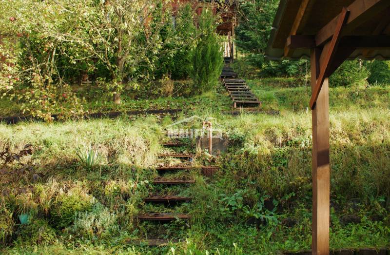 Stairs leading through a sloping garden with lush vegetation in Budatín, Žilina.