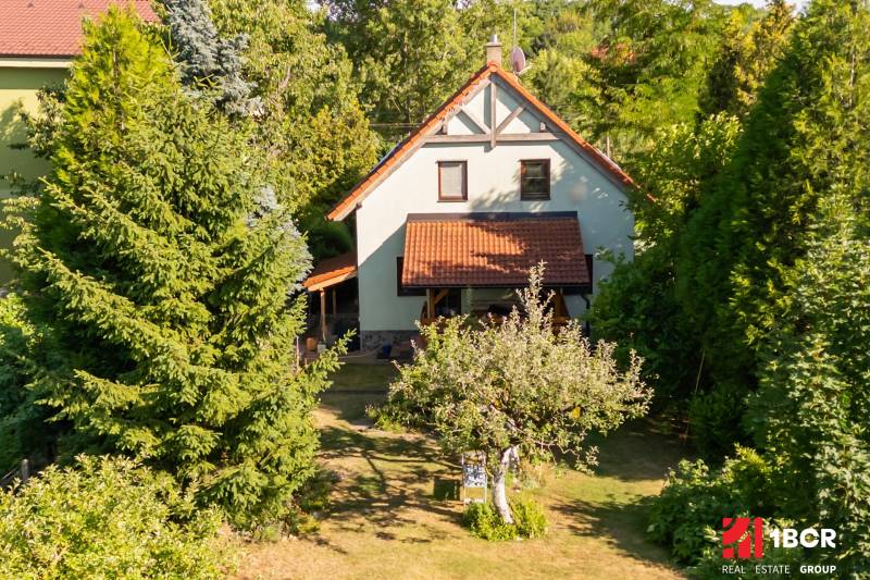 A family house on Senecká Street in Pezinok surrounded by trees and a garden with a lawn.