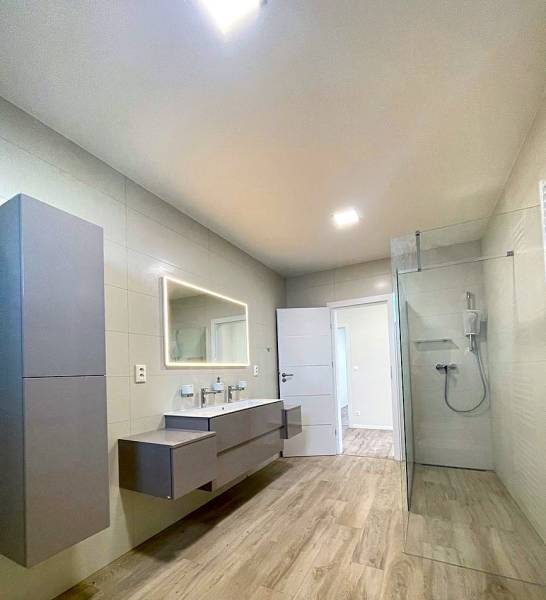 A bathroom in a family house with a wooden decor floor, a mirror, and a shower corner.