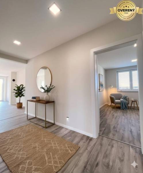 Interior of a family house with a wooden decor floor, a mirror, and a plant.