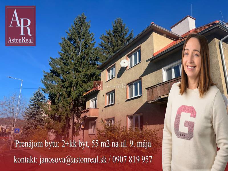 Apartment building on 9th May Street in Banská Bystrica, surrounded by trees and satellite dishes.