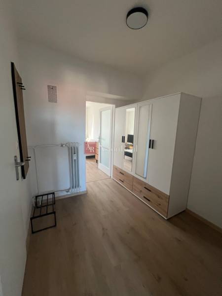 A hallway with a white wardrobe and a wooden decor floor in a studio apartment.