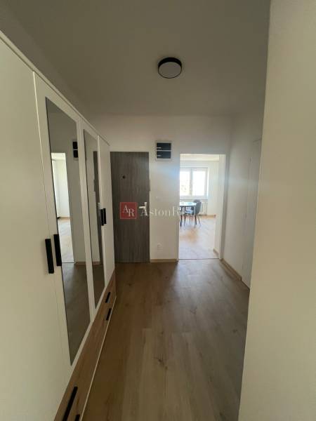 Hallway of a 1-room apartment with a wooden decor floor and a large wardrobe.