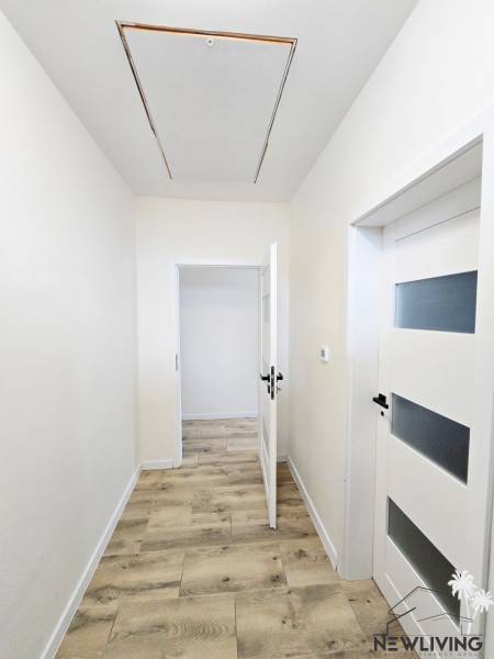 A hallway of a family house with a wooden-patterned floor and white doors.