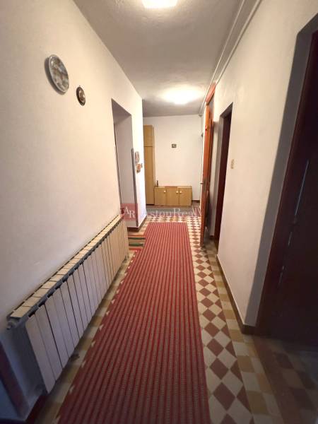 Chodba v rodinnom dome s kobercom a bielymi stenami, drevený nábytok vzadu.