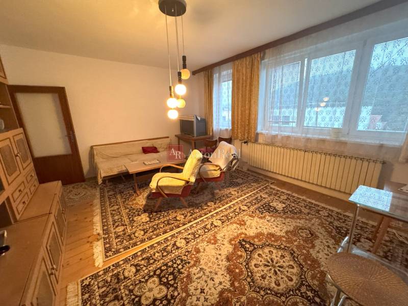 Obývačka v rodinnom dome s kobercami, pohovkou a závesmi, podlaha s dreveným dekorom.