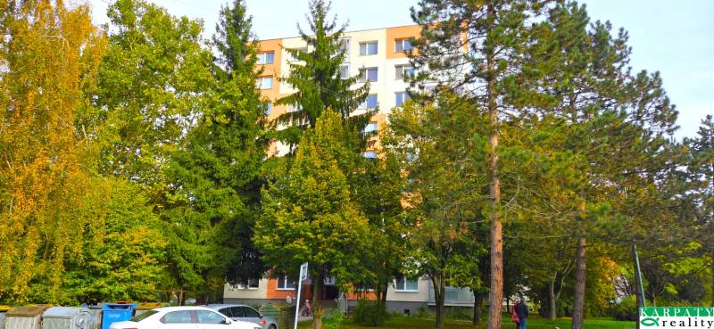 Apartment building among the trees on Trenčianska Street in Nová Dubnica.