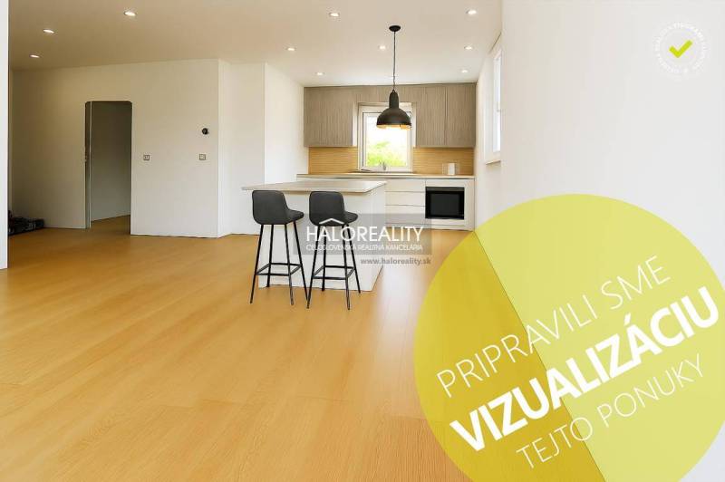 Interior of a family house with a kitchen and bar stools on a wooden-decor floor.