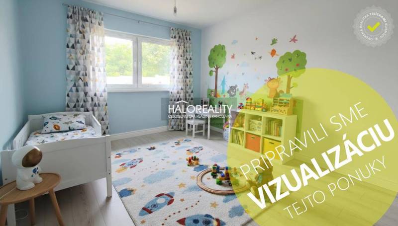 Children's room in a family house with a play carpet and wall decorations.