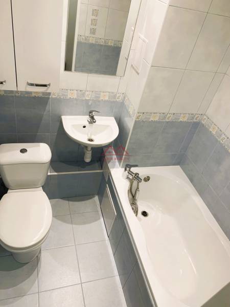 Bathroom with a shower, sink, and toilet in a 3-room apartment.