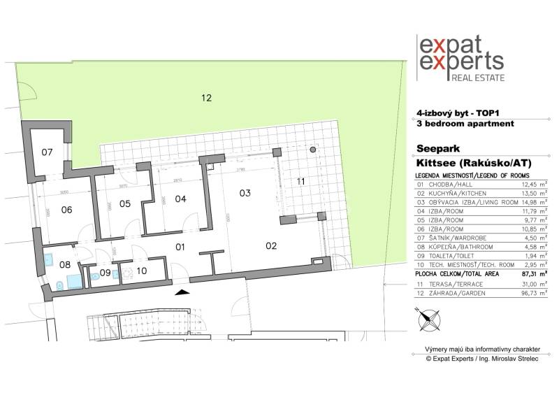 Floor plan of a 4-room apartment in Kittsee, Am Seepark, with a terrace and garden.