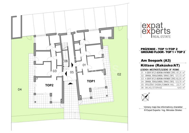 Floor plan of a 4-room apartment with an adjacent terrace and common areas in Kittsee, Am Seepark.
