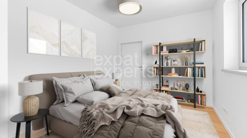 Bedroom with a bed, blanket, shelf, and paintings, 4-room apartment, floor with wooden decor.
