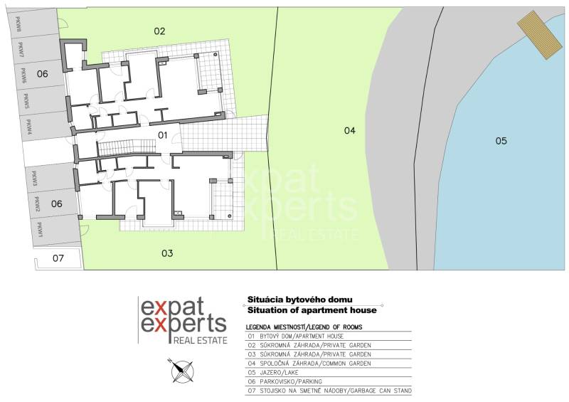 Floor plan of an apartment building with surroundings, including a lake and private gardens in Kittsee, Am Seepark.