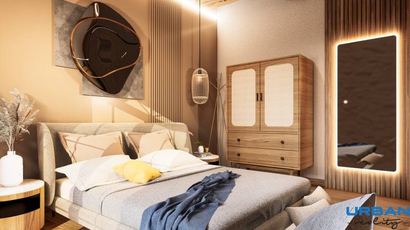 Interior of a 1-room apartment with a bed and wood-patterned flooring.