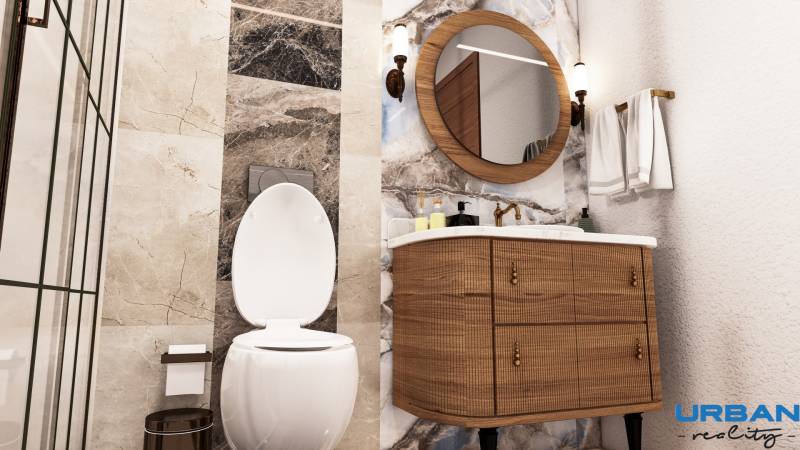 Bathroom with mirror, sink, toilet, and decorative wall, Apartment construction.